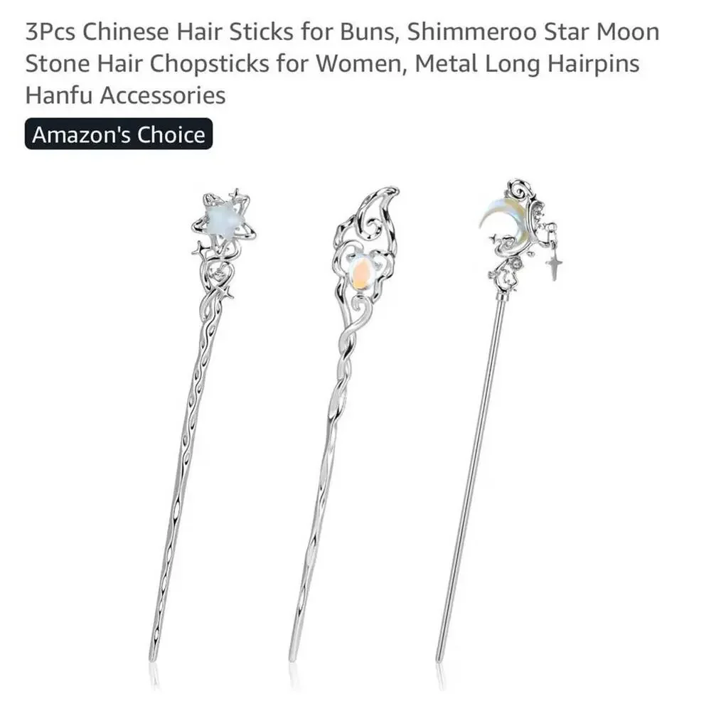 3Pcs Shimmeroo Star Moon Stone Hair Sticks